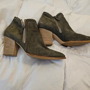 Paul Green Ankle Boots Women 8.5 39 Olive Gray Suede Block Heel Booties Like New